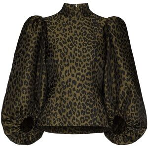 Ganni Leopard Print Puff Sleeve Top